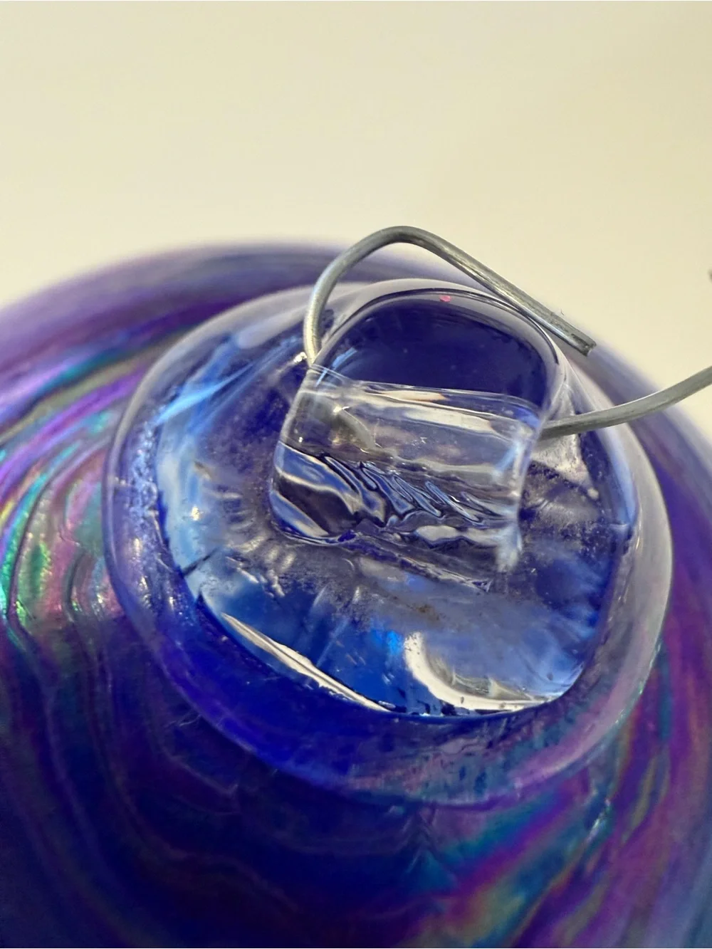 Iridescent Blue Glass Christmas Bauble Ornament Medium Swirl Stripe Hanging